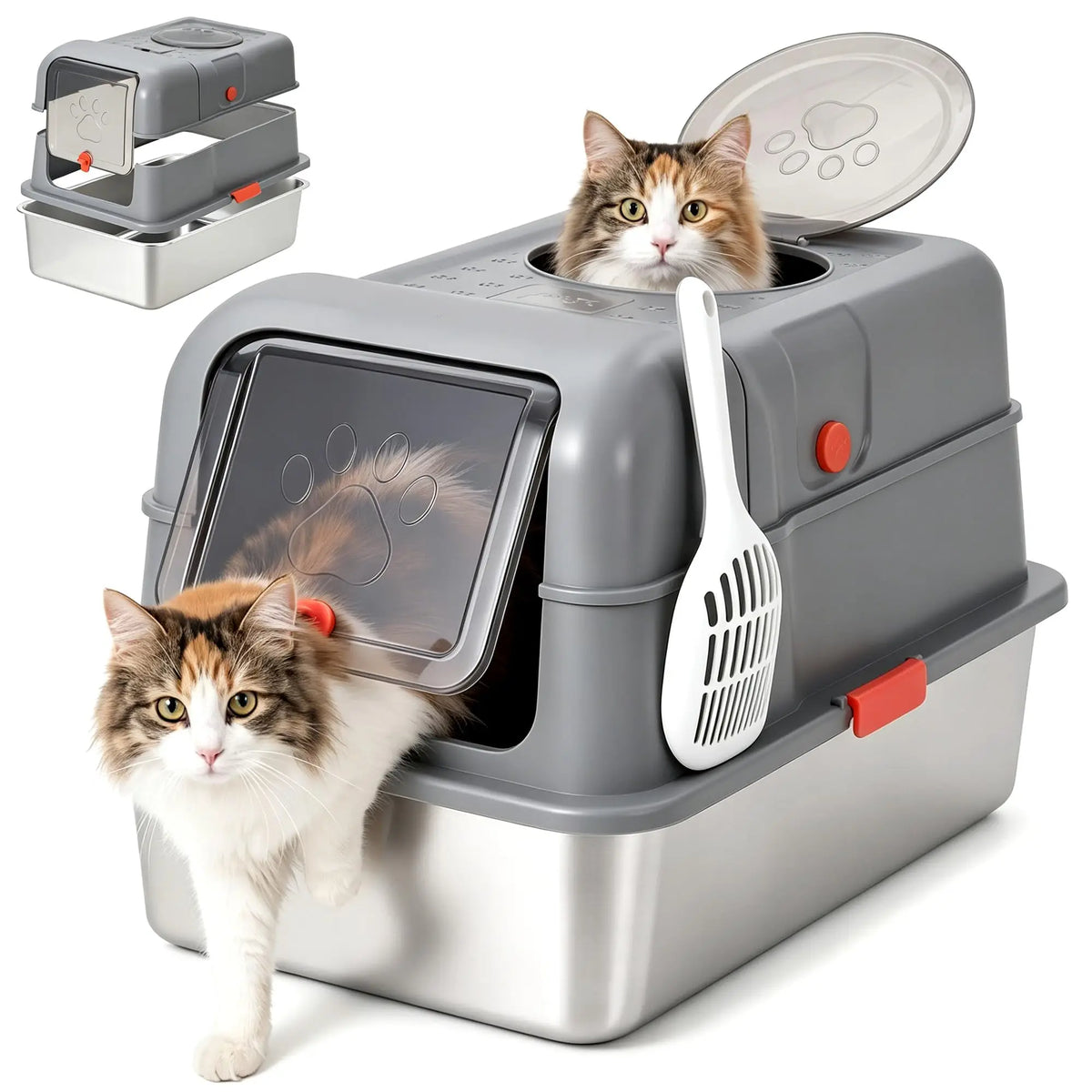 A stainless steel enclosed litter box for cats with a cat using it.