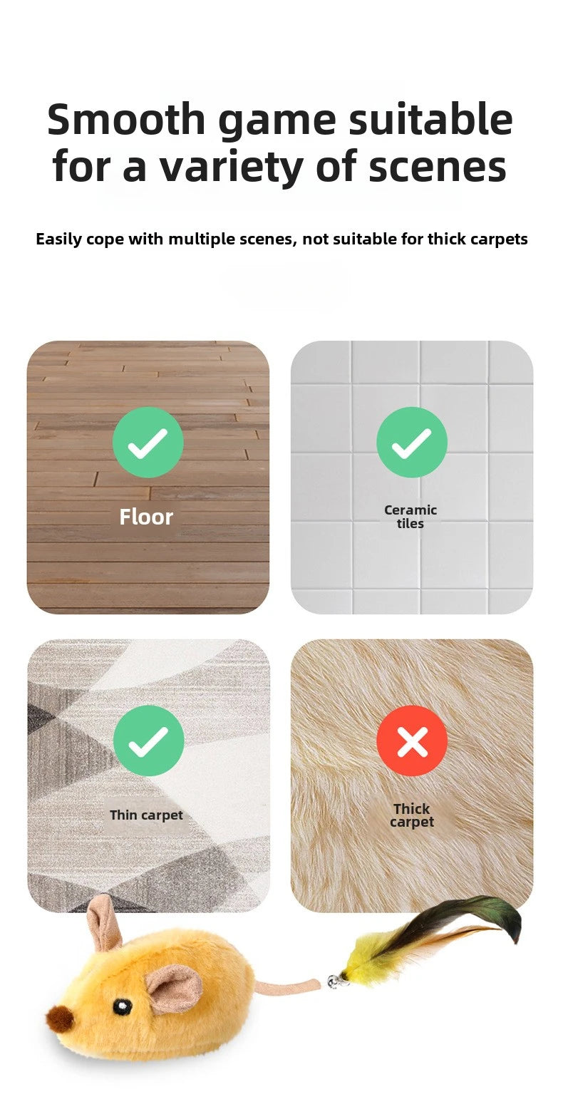 A yellow mouse-shaped cat toy with a feather attached, shown next to various flooring types.