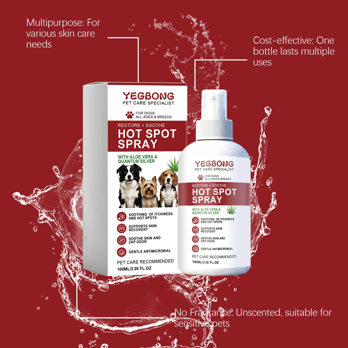 A bottle of Yegbong Hot Spot Spray for pets is shown with text describing its use and benefits.