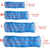 A series of blue breathable nylon mesh bird cage covers labeled S, M, L, and XL showing increasing dimensions.