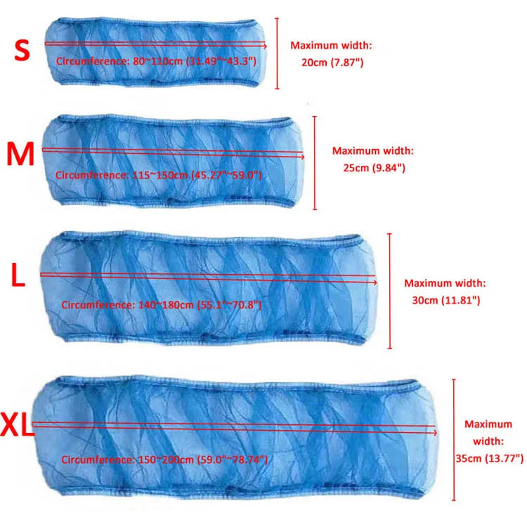 A series of blue breathable nylon mesh bird cage covers labeled S, M, L, and XL showing increasing dimensions.