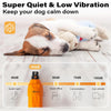 An orange rechargeable dog nail grinder is shown next to a scale indicating decibel levels for different environments.