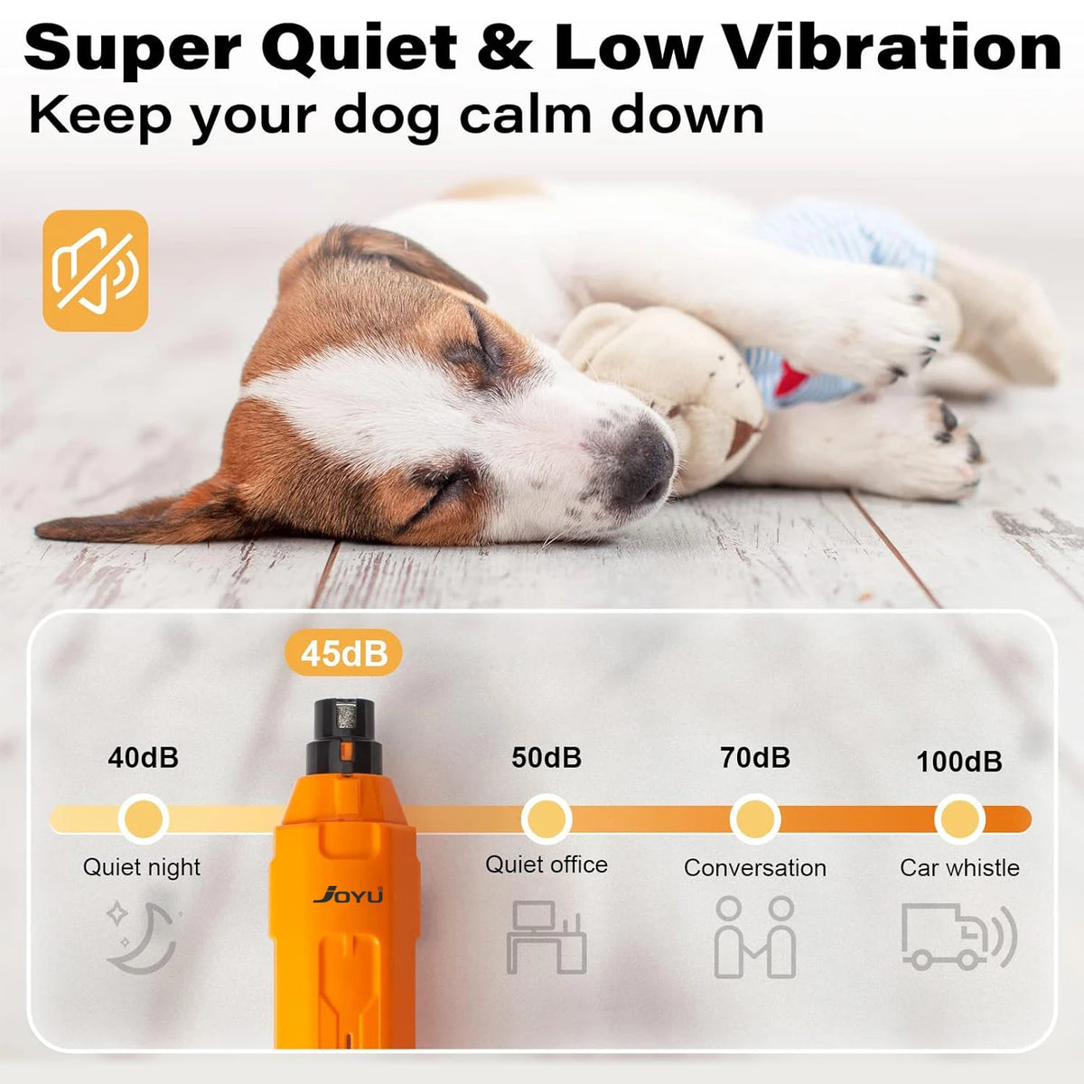 An orange rechargeable dog nail grinder is shown next to a scale indicating decibel levels for different environments.