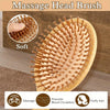 A wooden hair brush with massage bristles is shown next to a close-up of the soft bristles and benefits like massage and prom