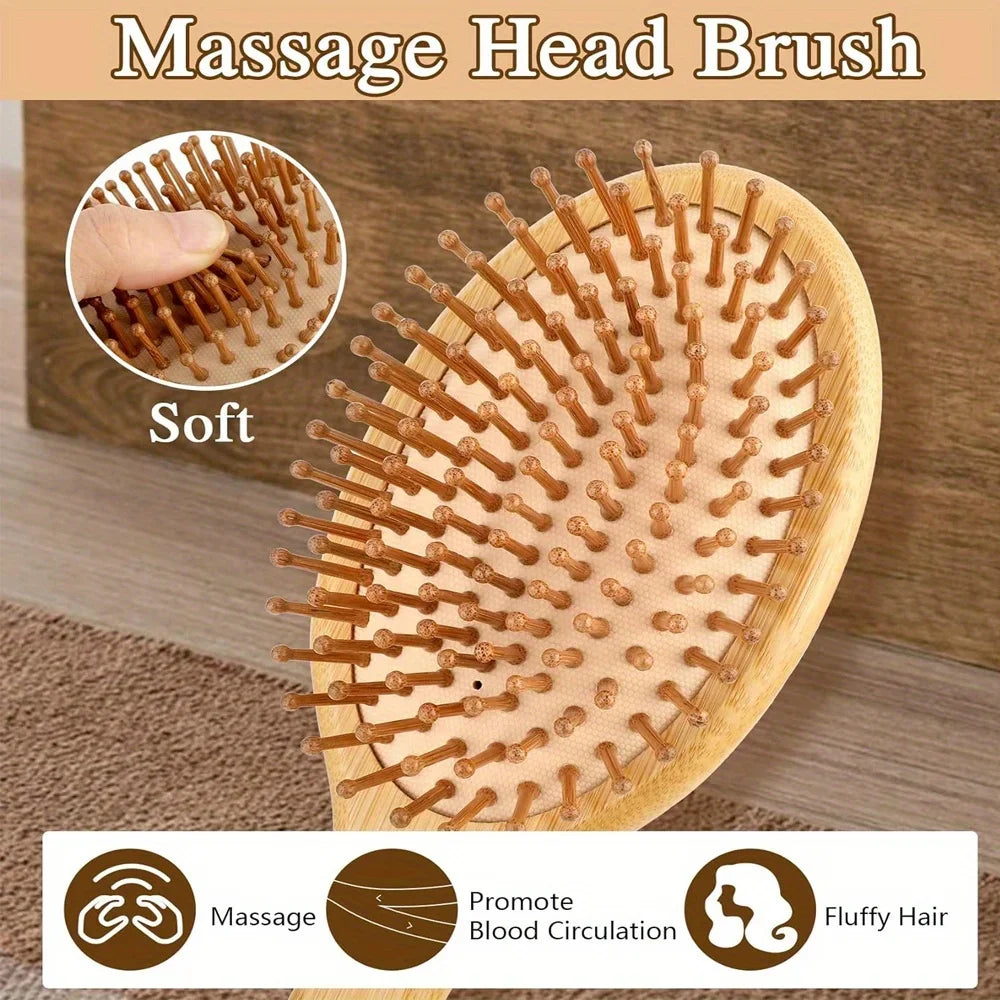 A wooden hair brush with massage bristles is shown next to a close-up of the soft bristles and benefits like massage and prom