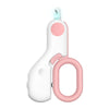 Cortacutículas para mascotas blanco con mango rosa y punta azul claro.