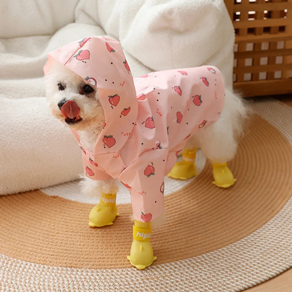 A small white dog wearing a pink cartoon printed raincoat with strawberry patterns and yellow boots.