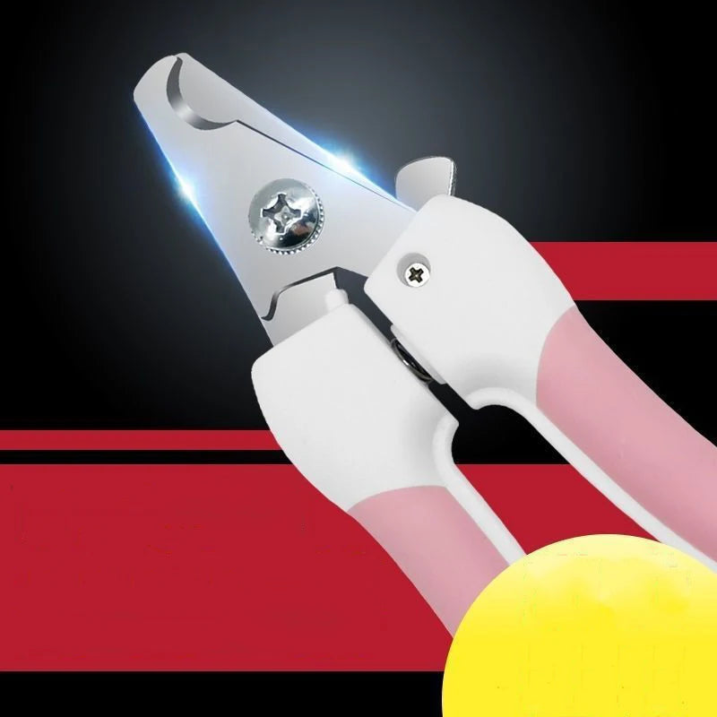 A pair of white and pink stainless steel pet nail clippers is shown against a red and black striped background.
