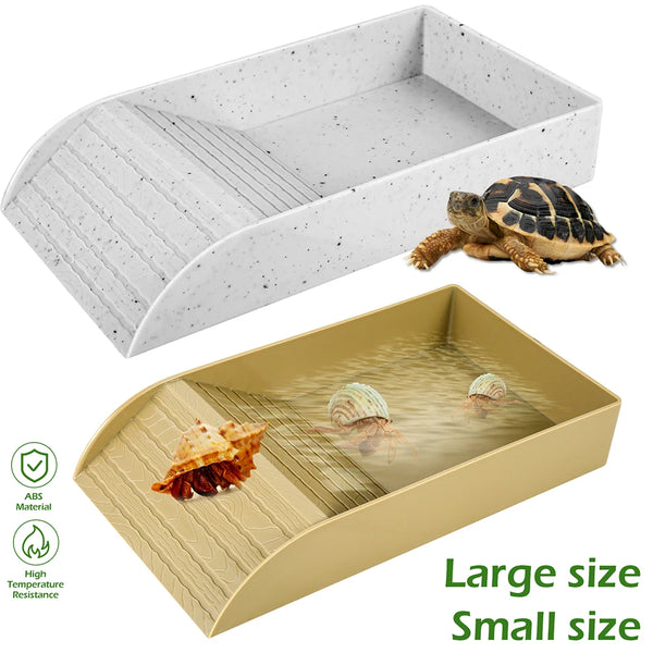 A beige tortoise habitat bathing bowl with an anti-slip ramp and a tortoise resting inside.