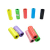 A collection of reusable pet poop bags in various colors including yellow, green, blue, and black.