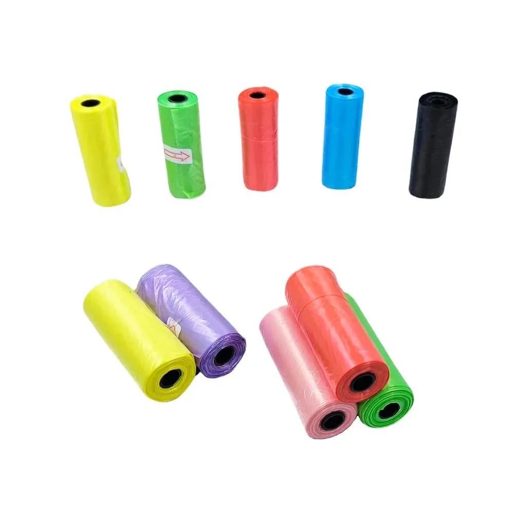 A collection of reusable pet poop bags in various colors including yellow, green, blue, and black.