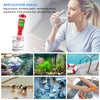 A woman holds a digital water quality meter while drinking water, with various applications like aquariums and laboratories s