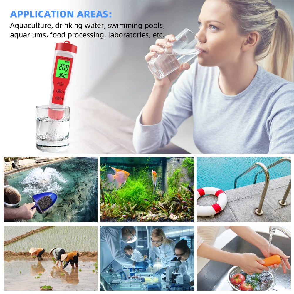 A woman holds a digital water quality meter while drinking water, with various applications like aquariums and laboratories s