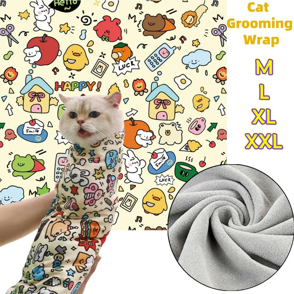 A cat is wearing a colorful self-adhesive pet swaddle designed for nail clipping and restraint.