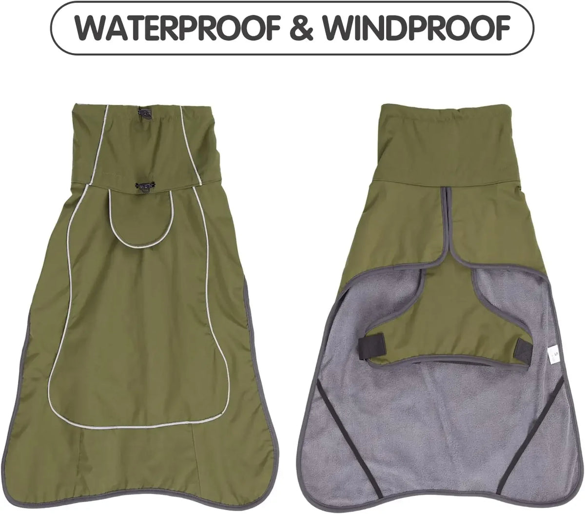Veste imperméable et coupe-vent pour chien vert olive avec doublure grise et harnais réglable.