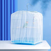 A clear mesh bird cage cover with a curved hook is displayed on a white surface against a blue background.