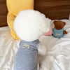 A fluffy white dog toy is lying on a white bed next to a blue vest and a brown teddy bear.