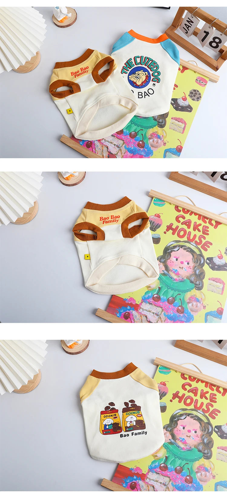 A white Korean summer pet dog vest t-shirt for small to medium breeds displayed next to a wooden frame and colorful fabric.