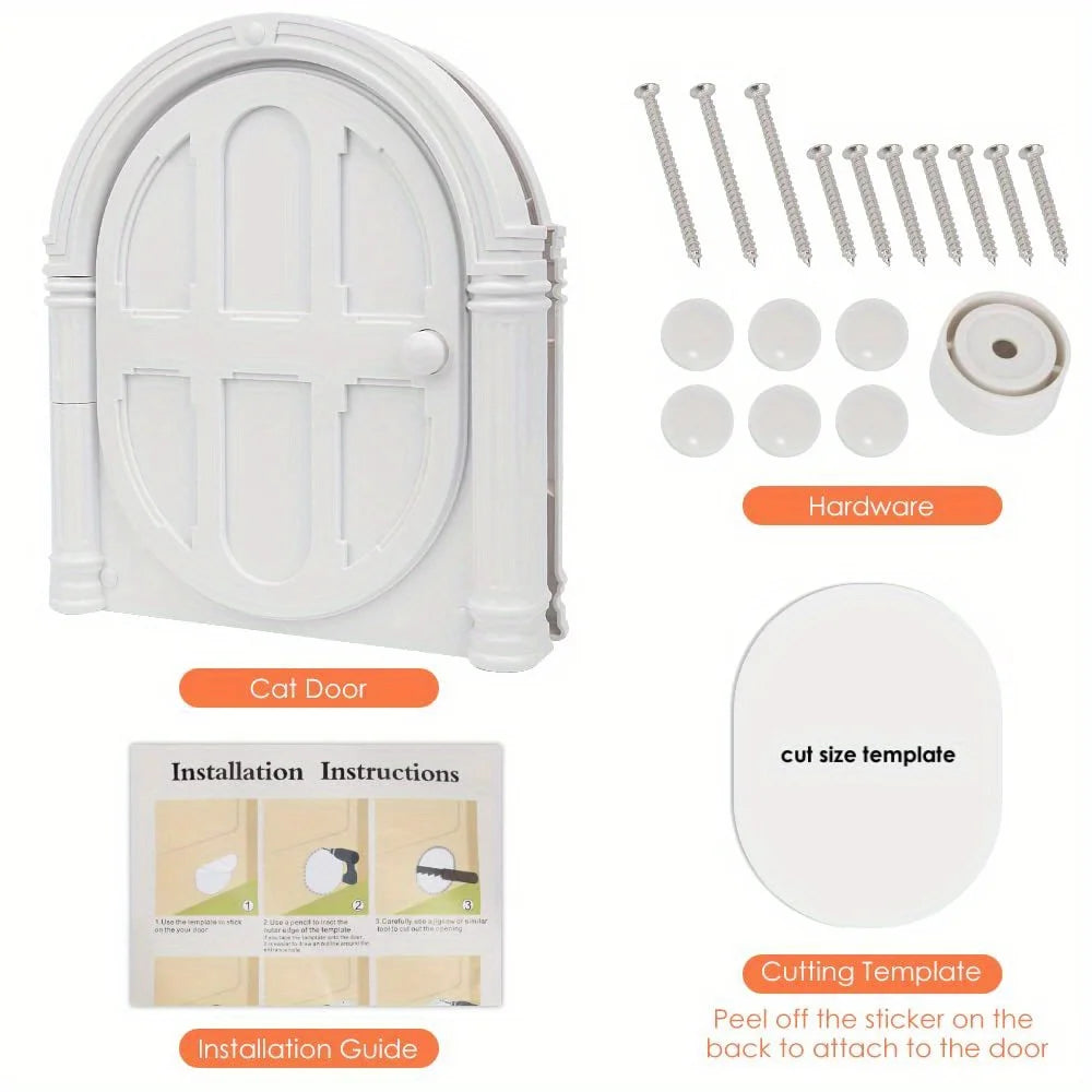 White arched cat door with hardware and installation instructions