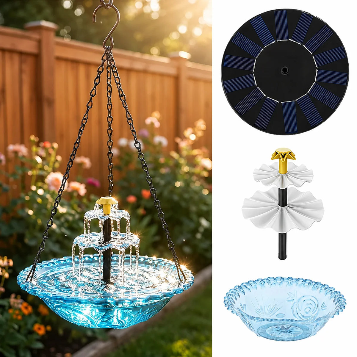Außen-Solar-Vogelbad-Fontäne mit mehrstufiger Wasserfunktion und dekorlicher Glasschale