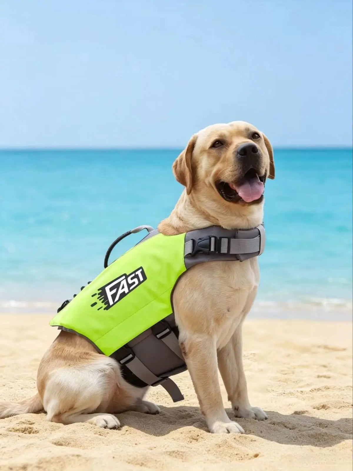 A golden retriever wearing a bright yellow high visibility dog life jacket sitting on a sandy beach near blue water.