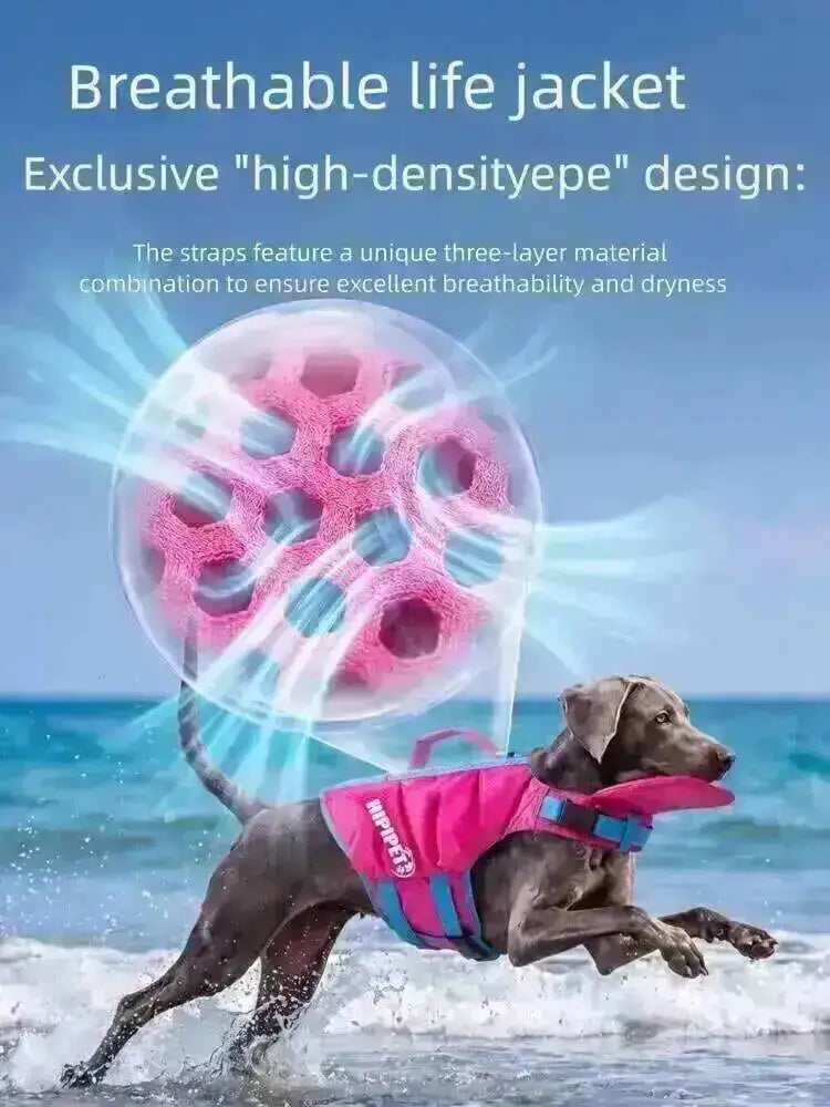 A dog wearing a bright pink life jacket is running through the water.