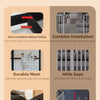 A set of foldable metal mesh pet gates demonstrating various features like no-drill installation, durable mesh, and easy acce