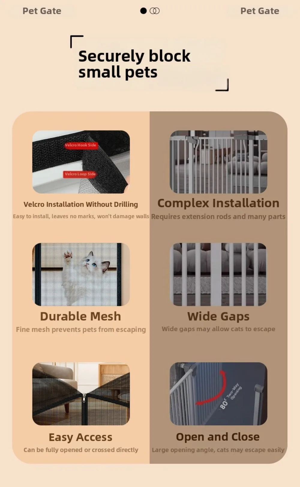 A set of foldable metal mesh pet gates demonstrating various features like no-drill installation, durable mesh, and easy acce