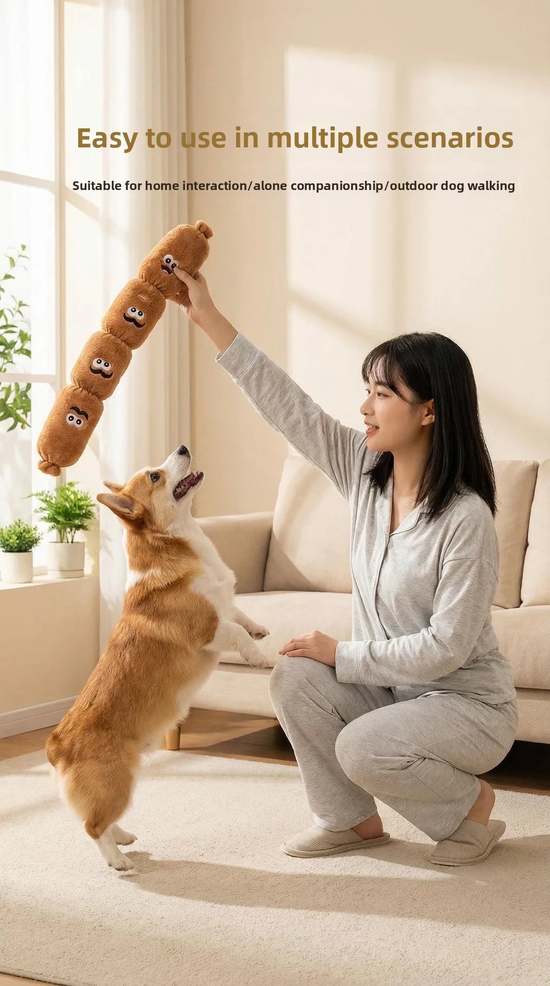 A woman is playing with a brown squeaky dog chew toy while sitting on a light-colored rug indoors.