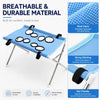 A blue breathable and durable pet grooming hammock stand with mesh fabric and strong stitching.
