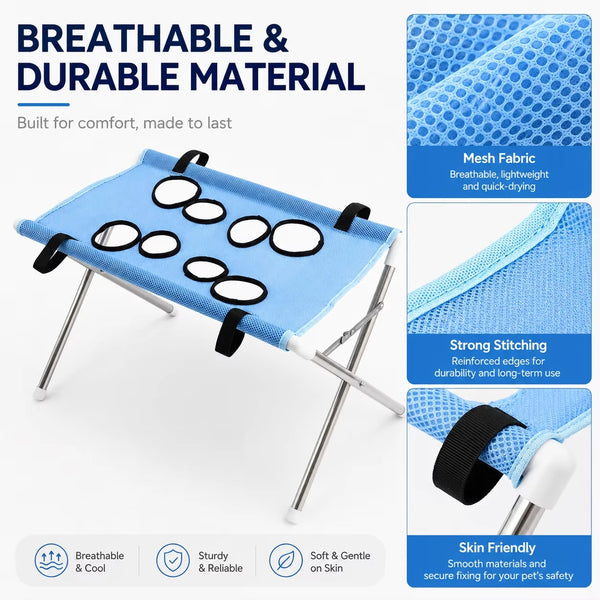 A blue breathable and durable pet grooming hammock stand with mesh fabric and strong stitching.