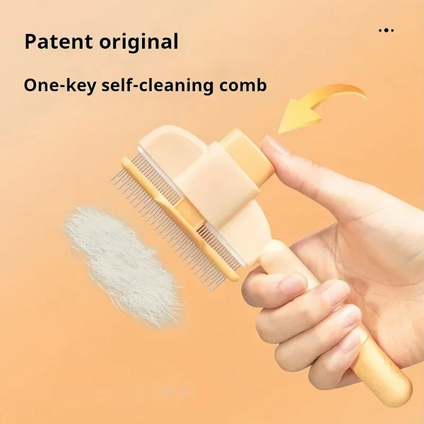 A hand holds a light beige one-key self-cleaning comb with a yellow arrow pointing to the bristles.