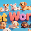 A colorful illustration of various happy dogs sitting on a blue sphere with the text Pet World