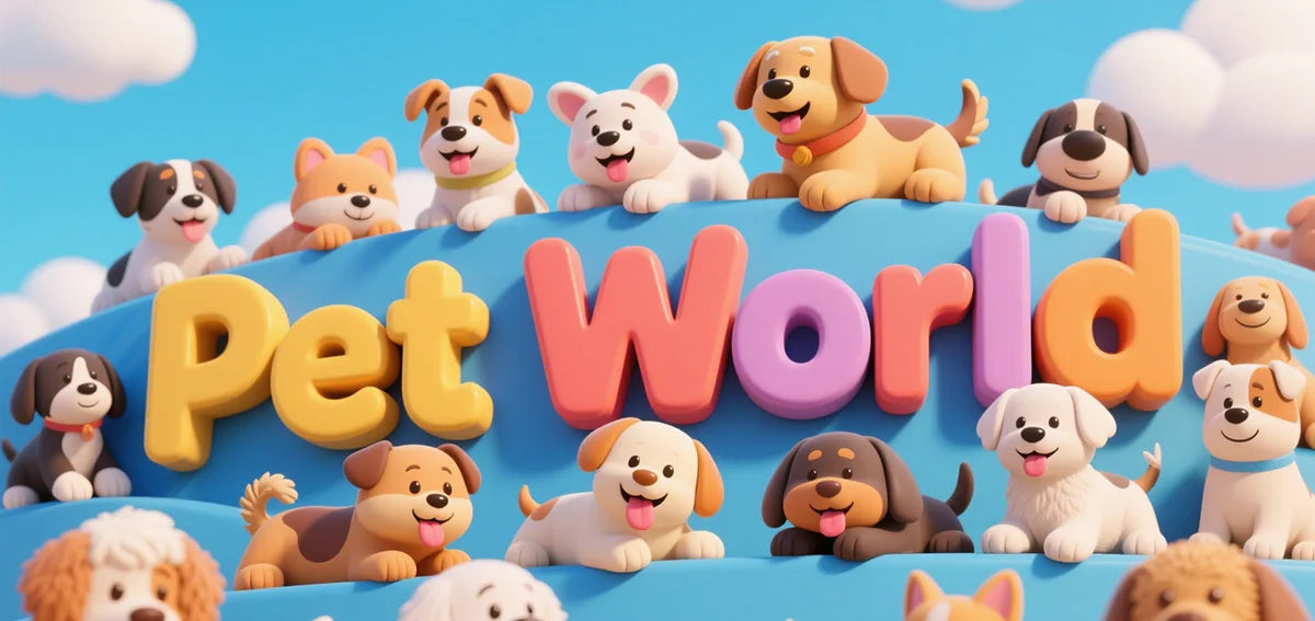 A colorful illustration of various happy dogs sitting on a blue sphere with the text Pet World