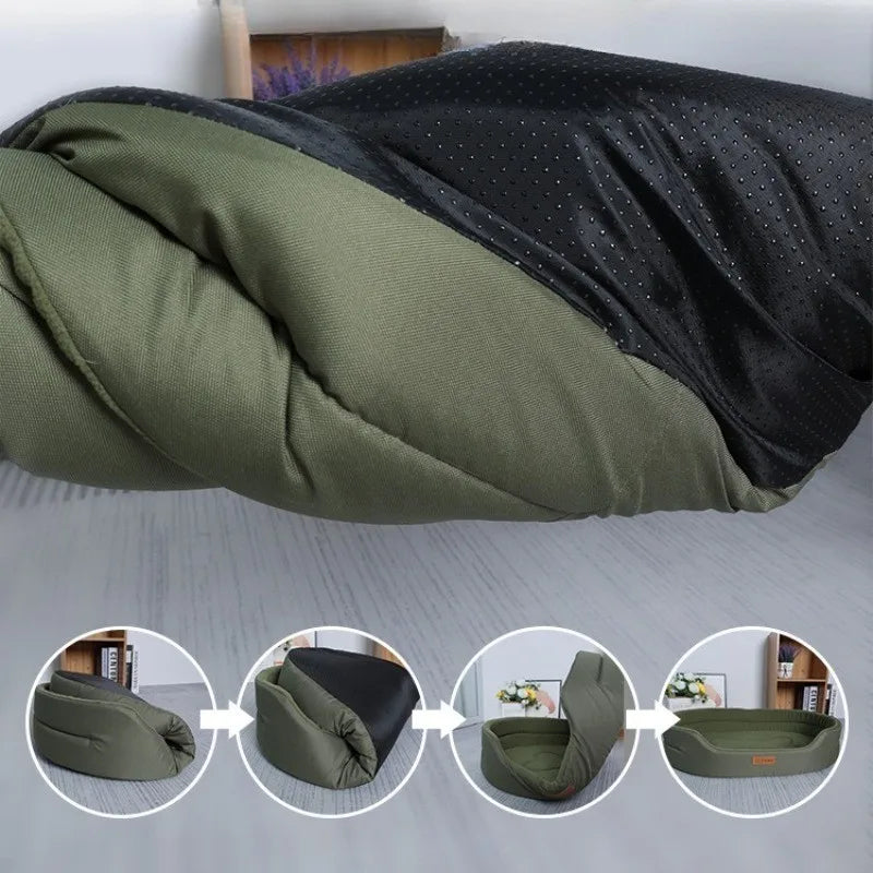A foldable washable waterproof dog bed mat shown in various folded and unfolded states.