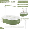A green automatic bird shower bath for parrots with a feeding tube and power cord visible.