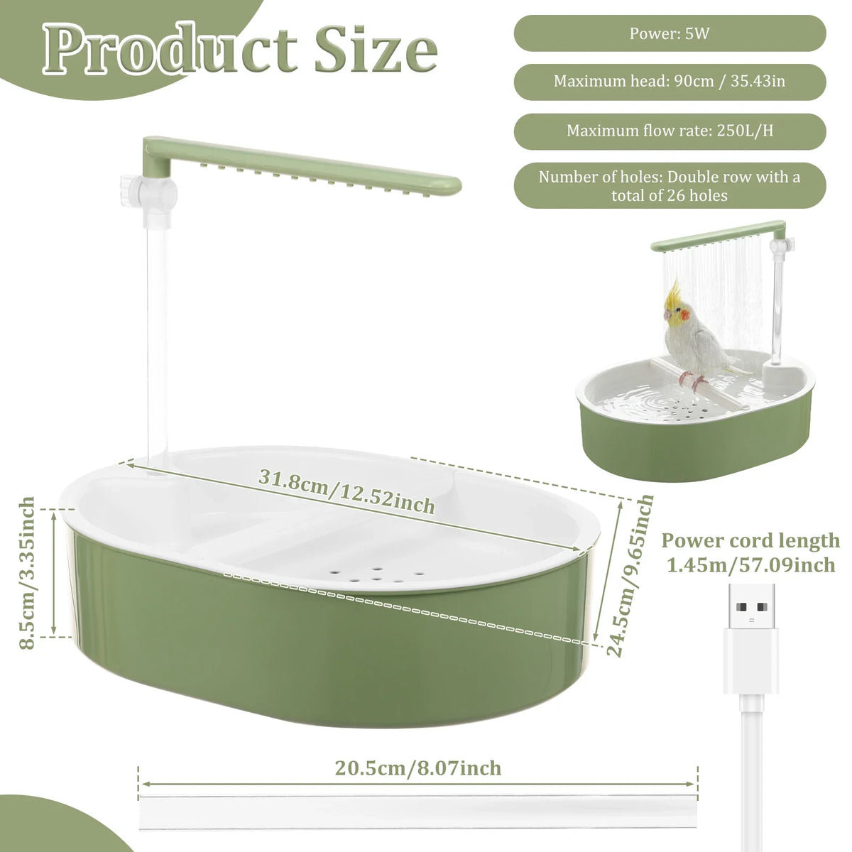 A green automatic bird shower bath for parrots with a feeding tube and power cord visible.