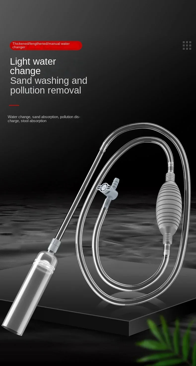 A clear silicone water changer and sand washing tool with a siphon pump is shown on a dark surface.