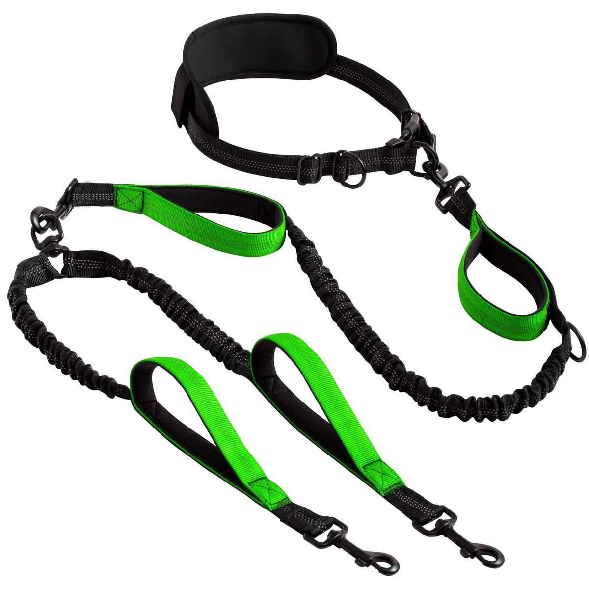 Black and neon green hands-free double dog leash with padded handles for two dogs