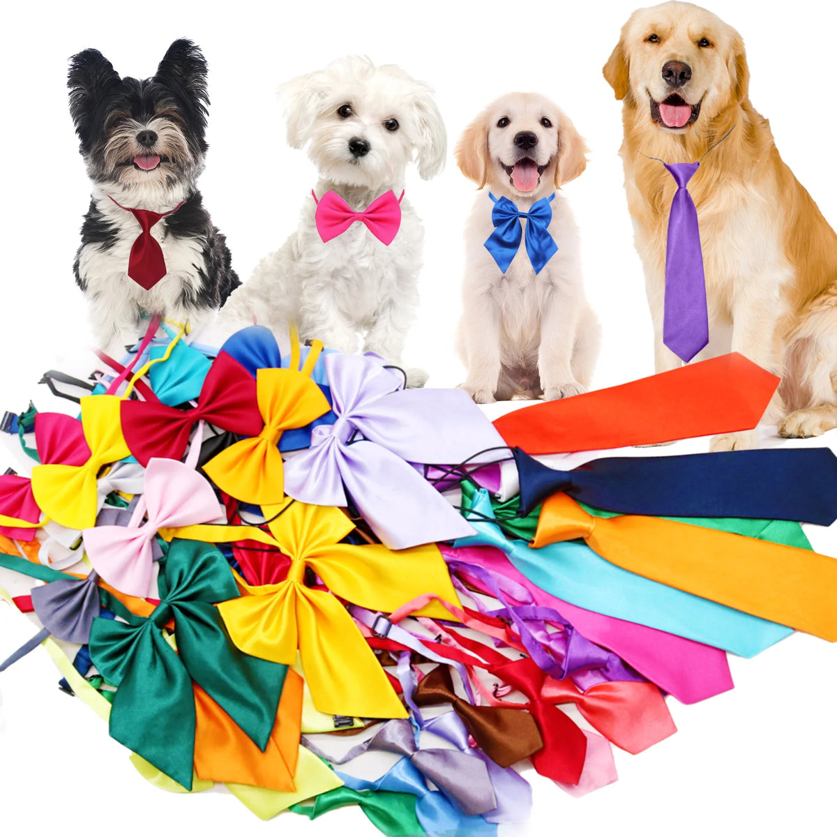 A collection of colorful adjustable pet bow ties for dogs and cats, including red, yellow, purple, blue, and orange.