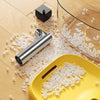 A large capacity cat drinking fountain with white seeds is shown next to a stainless steel nozzle and a yellow feeding dish o
