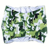 A green and white camouflage washable belly band for male dogs.