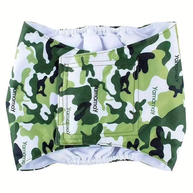 A green and white camouflage washable belly band for male dogs.