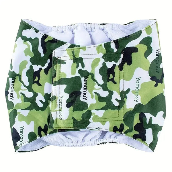 A green and white camouflage washable belly band for male dogs.