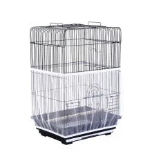 A clear mesh bird cage cover with a bottom tray and upper section, designed for birds.