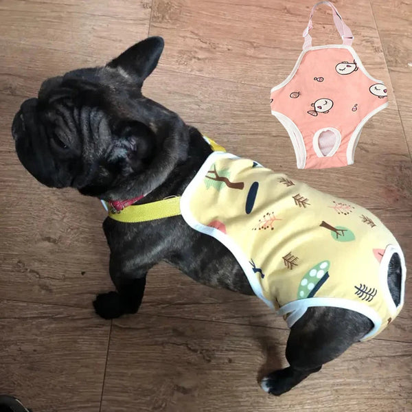 Un bouledogue français noir portant une laisse jaune et un sac pour chien à motif orange.