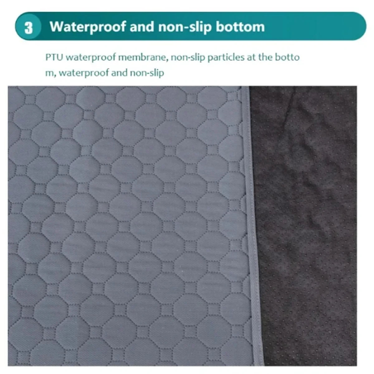 Close-up view of a gray waterproof and non-slip mat material next to a dark fabric.