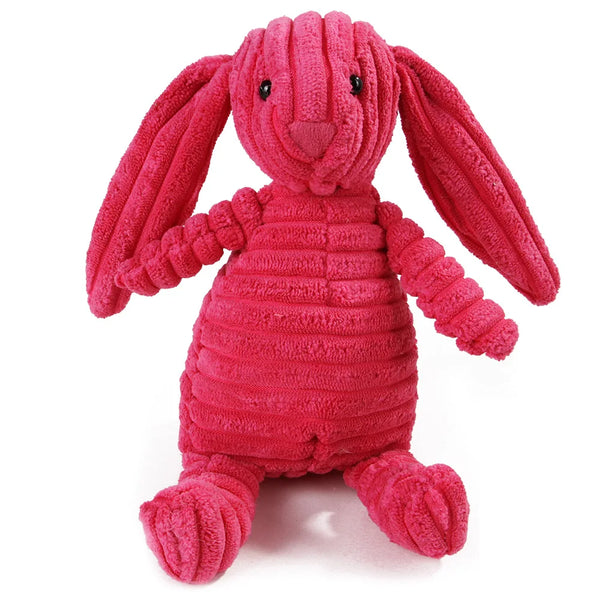A bright pink plush rabbit toy with long ears and a textured body.