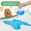 A hand is dripping blue liquid from a clear bowl onto a white paper towel, demonstrating the super-absorbent and leak-proof b