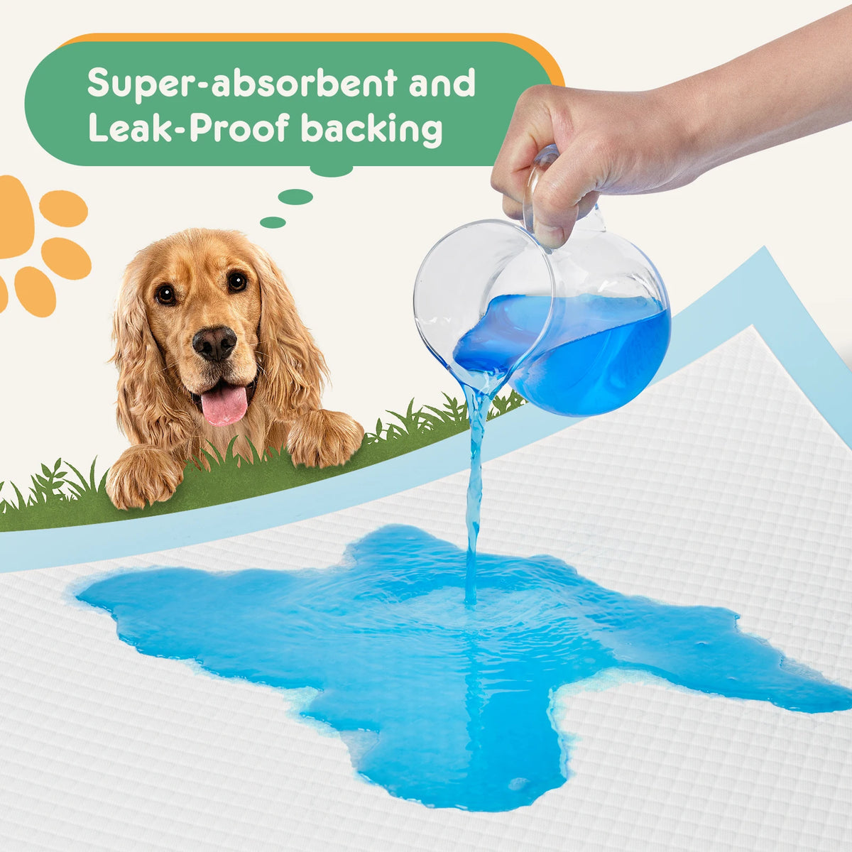 A hand is dripping blue liquid from a clear bowl onto a white paper towel, demonstrating the super-absorbent and leak-proof b